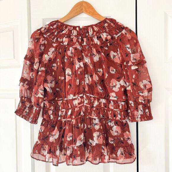 NWOT Walter Baker Red Floral Ruffle Blouse Sheer Long Sleeve Top Size Large - Picture 5 of 9